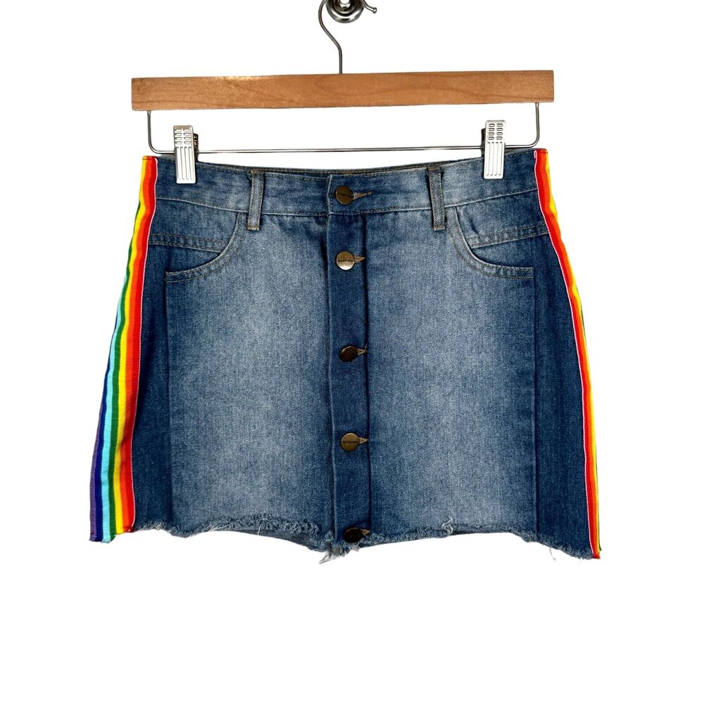 Sugarhigh‎ Jean Skirt Size 28 Rainbow Mini Skirt LGBTQ Pride Denim Distressed